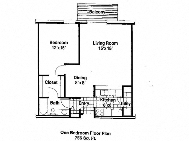 Floor plan for 1 bed, 1 bath, 756 sqft